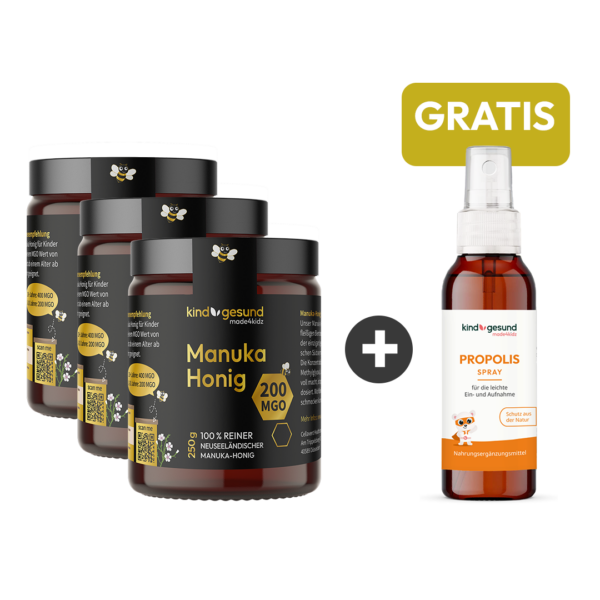 3x Manuka Honig 200 MGO + Gratis Propolis Spray