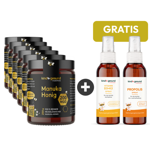 6x Manuka 200 MGO + Gratis Propolis Spray + Gratis Vitamin D3+K2 Tropfen